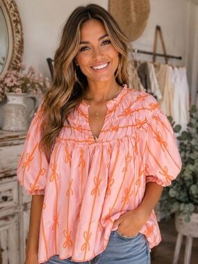 Umgee Pink Blouse with Orange Bow Print